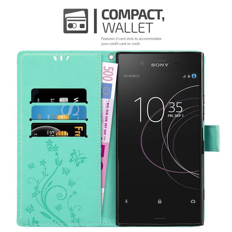 Cadorabo Hülle kompatibel mit Sony Xperia XZ1 Schutzhülle im Blumen Design mit Magnetverschluss, Standfunktion und Kartenfächern