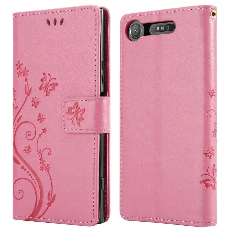 Cadorabo Hülle kompatibel mit Sony Xperia XZ1 Schutzhülle im Blumen Design mit Magnetverschluss, Standfunktion und Kartenfächern
