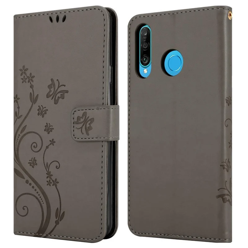 Cadorabo Hülle kompatibel mit Huawei P30 LITE Schutzhülle im Blumen Design mit Magnetverschluss, Standfunktion und Kartenfächern