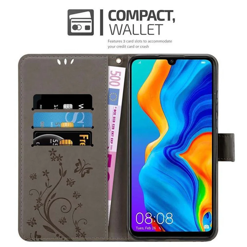 Cadorabo Hülle kompatibel mit Huawei P30 LITE Schutzhülle im Blumen Design mit Magnetverschluss, Standfunktion und Kartenfächern