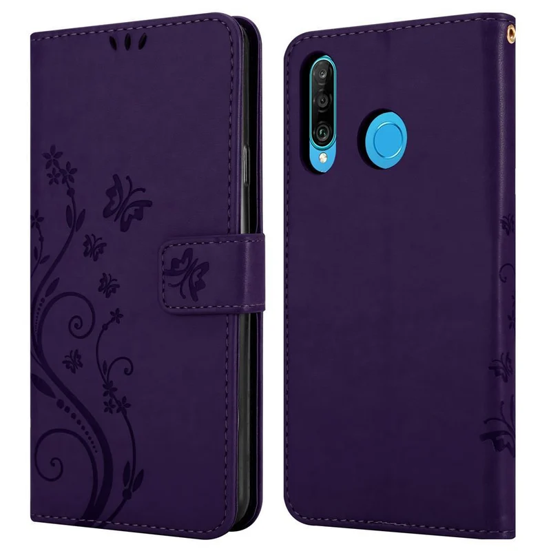 Cadorabo Hülle kompatibel mit Huawei P30 LITE Schutzhülle im Blumen Design mit Magnetverschluss, Standfunktion und Kartenfächern