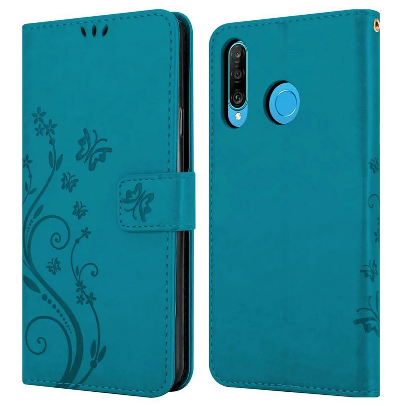 Cadorabo Hülle kompatibel mit Huawei P30 LITE Schutzhülle im Blumen Design mit Magnetverschluss, Standfunktion und Kartenfächern