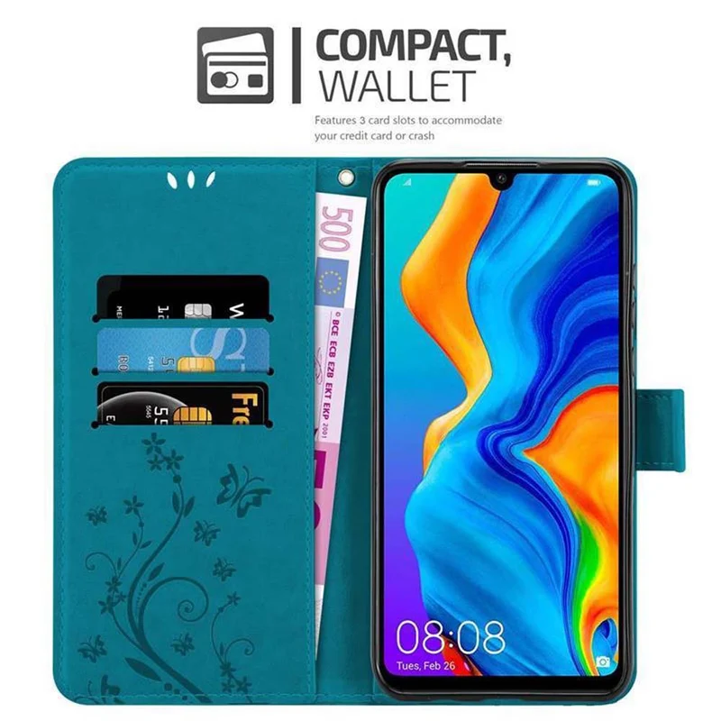 Cadorabo Hülle kompatibel mit Huawei P30 LITE Schutzhülle im Blumen Design mit Magnetverschluss, Standfunktion und Kartenfächern