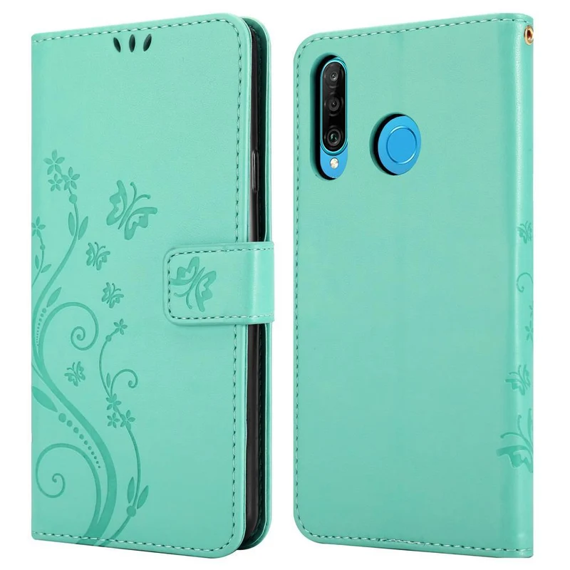 Cadorabo Hülle kompatibel mit Huawei P30 LITE Schutzhülle im Blumen Design mit Magnetverschluss, Standfunktion und Kartenfächern