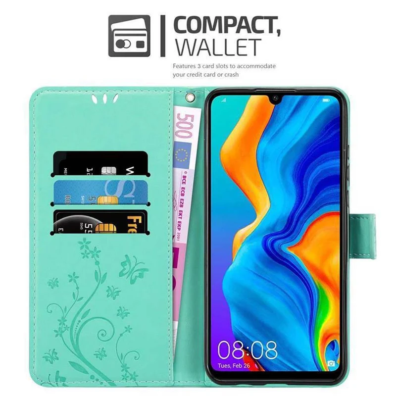 Cadorabo Hülle kompatibel mit Huawei P30 LITE Schutzhülle im Blumen Design mit Magnetverschluss, Standfunktion und Kartenfächern