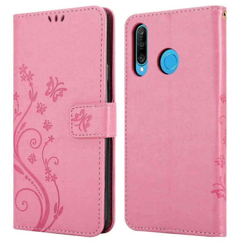 Cadorabo Hülle kompatibel mit Huawei P30 LITE Schutzhülle im Blumen Design mit Magnetverschluss, Standfunktion und Kartenfächern