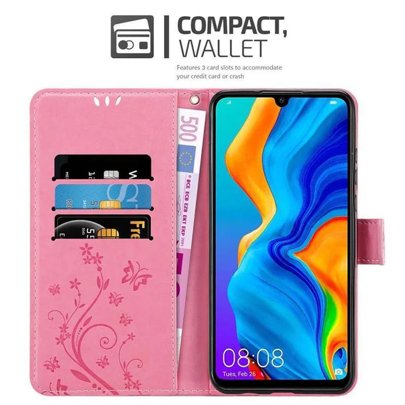 Cadorabo Hülle kompatibel mit Huawei P30 LITE Schutzhülle im Blumen Design mit Magnetverschluss, Standfunktion und Kartenfächern