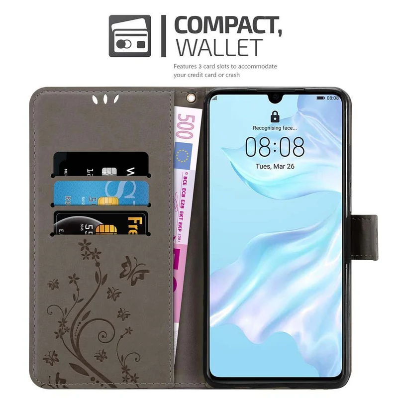 Cadorabo Hülle kompatibel mit Huawei P30 Schutzhülle im Blumen Design mit Magnetverschluss, Standfunktion und Kartenfächern
