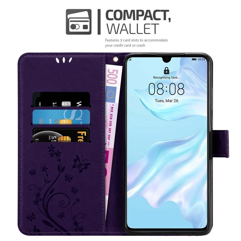 Cadorabo Hülle kompatibel mit Huawei P30 Schutzhülle im Blumen Design mit Magnetverschluss, Standfunktion und Kartenfächern