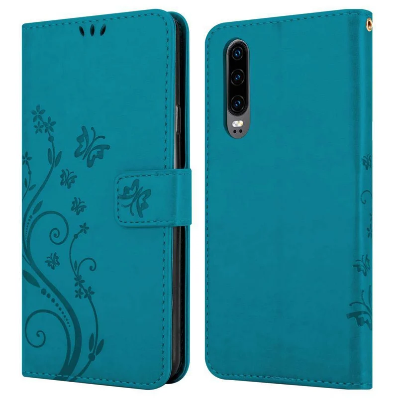 Cadorabo Hülle kompatibel mit Huawei P30 Schutzhülle im Blumen Design mit Magnetverschluss, Standfunktion und Kartenfächern