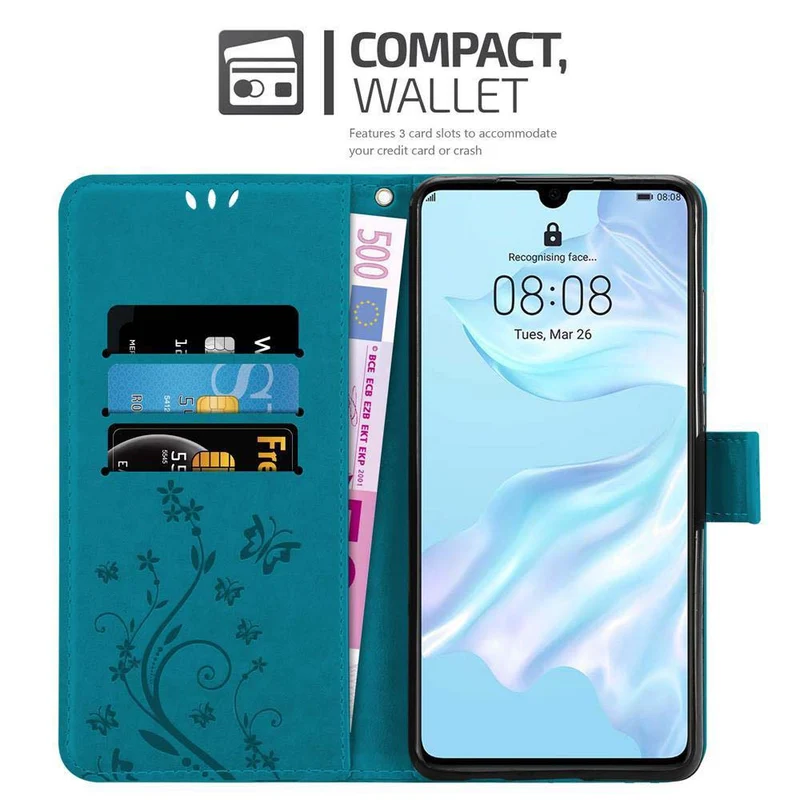 Cadorabo Hülle kompatibel mit Huawei P30 Schutzhülle im Blumen Design mit Magnetverschluss, Standfunktion und Kartenfächern