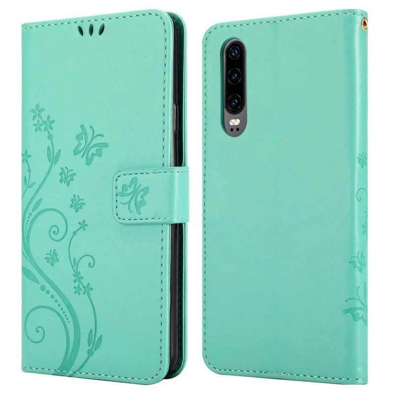Cadorabo Hülle kompatibel mit Huawei P30 Schutzhülle im Blumen Design mit Magnetverschluss, Standfunktion und Kartenfächern