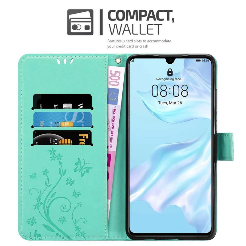Cadorabo Hülle kompatibel mit Huawei P30 Schutzhülle im Blumen Design mit Magnetverschluss, Standfunktion und Kartenfächern