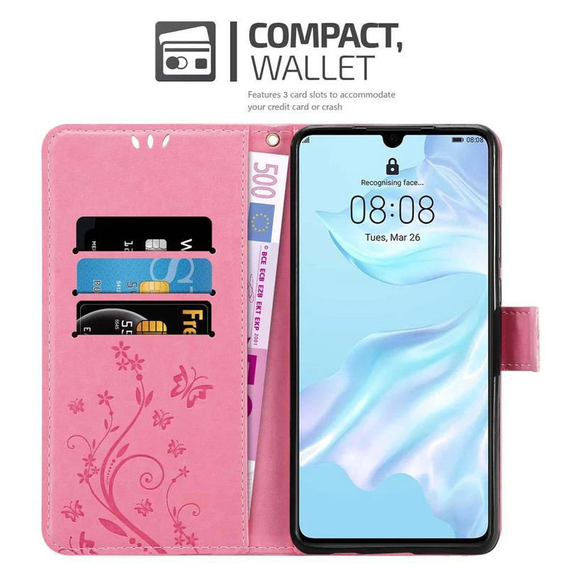 Cadorabo Hülle kompatibel mit Huawei P30 Schutzhülle im Blumen Design mit Magnetverschluss, Standfunktion und Kartenfächern