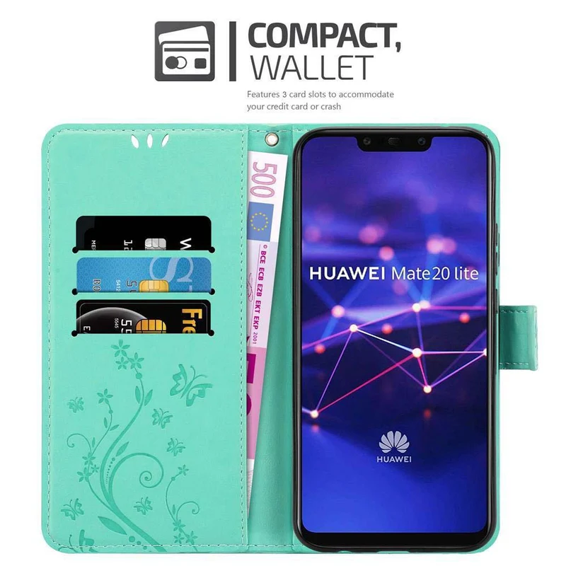 Cadorabo Hülle kompatibel mit Huawei MATE 20 LITE Schutzhülle im Blumen Design mit Magnetverschluss, Standfunktion und Kartenfächern