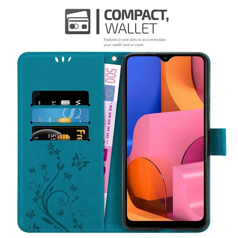 Cadorabo Hülle kompatibel mit Samsung Galaxy A20s Schutzhülle im Blumen Design mit Magnetverschluss, Standfunktion und Kartenfächern