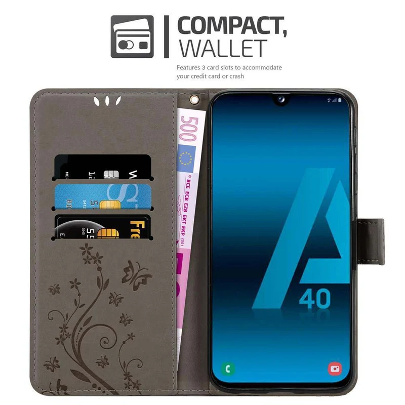 Cadorabo Hülle kompatibel mit Samsung Galaxy A40 Schutzhülle im Blumen Design mit Magnetverschluss, Standfunktion und Kartenfächern