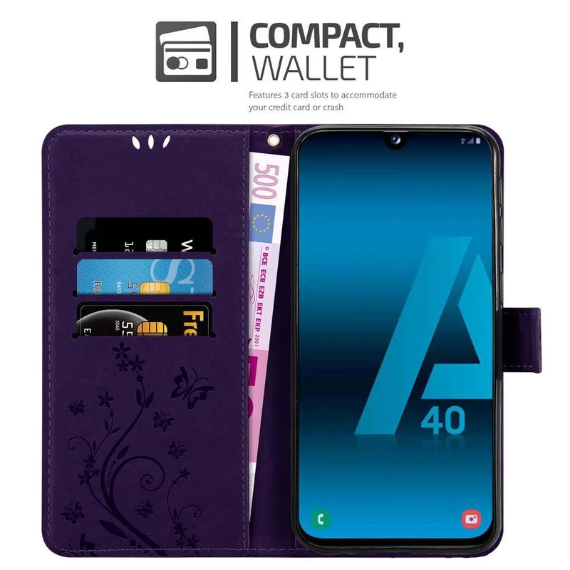 Cadorabo Hülle kompatibel mit Samsung Galaxy A40 Schutzhülle im Blumen Design mit Magnetverschluss, Standfunktion und Kartenfächern