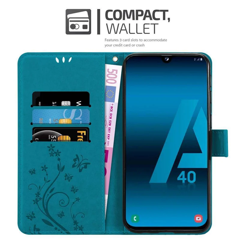Cadorabo Hülle kompatibel mit Samsung Galaxy A40 Schutzhülle im Blumen Design mit Magnetverschluss, Standfunktion und Kartenfächern