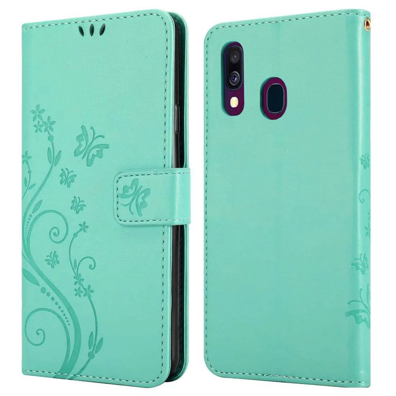 Cadorabo Hülle kompatibel mit Samsung Galaxy A40 Schutzhülle im Blumen Design mit Magnetverschluss, Standfunktion und Kartenfächern