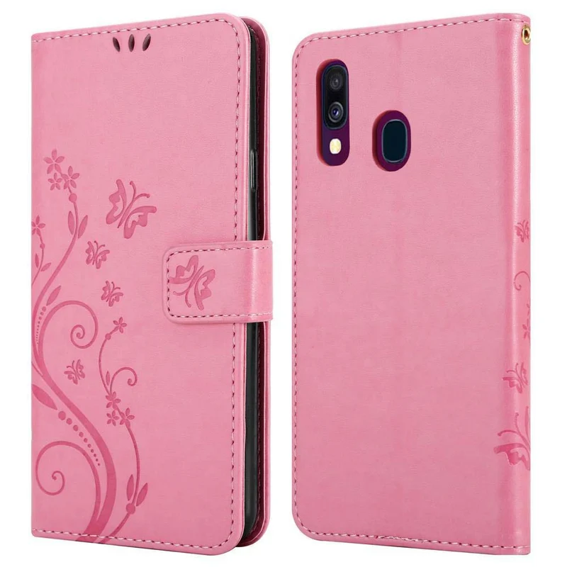 Cadorabo Hülle kompatibel mit Samsung Galaxy A40 Schutzhülle im Blumen Design mit Magnetverschluss, Standfunktion und Kartenfächern
