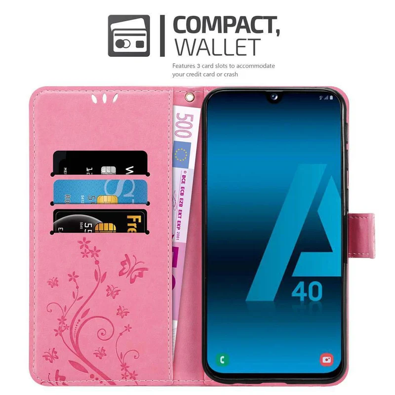 Cadorabo Hülle kompatibel mit Samsung Galaxy A40 Schutzhülle im Blumen Design mit Magnetverschluss, Standfunktion und Kartenfächern