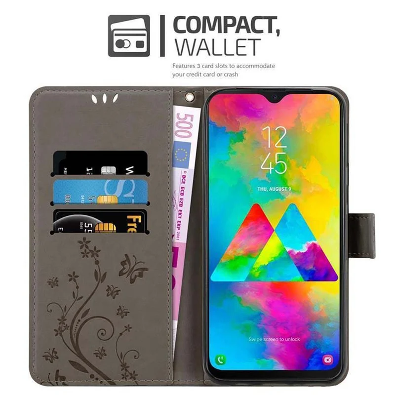 Cadorabo Hülle kompatibel mit Samsung Galaxy M20 Schutzhülle im Blumen Design mit Magnetverschluss, Standfunktion und Kartenfächern