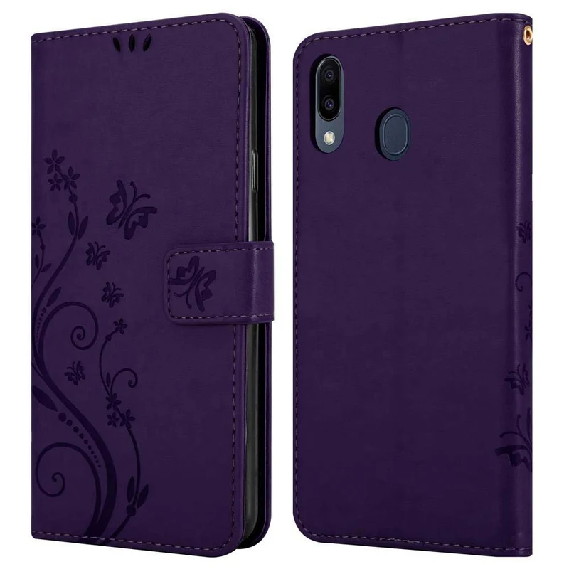 Cadorabo Hülle kompatibel mit Samsung Galaxy M20 Schutzhülle im Blumen Design mit Magnetverschluss, Standfunktion und Kartenfächern