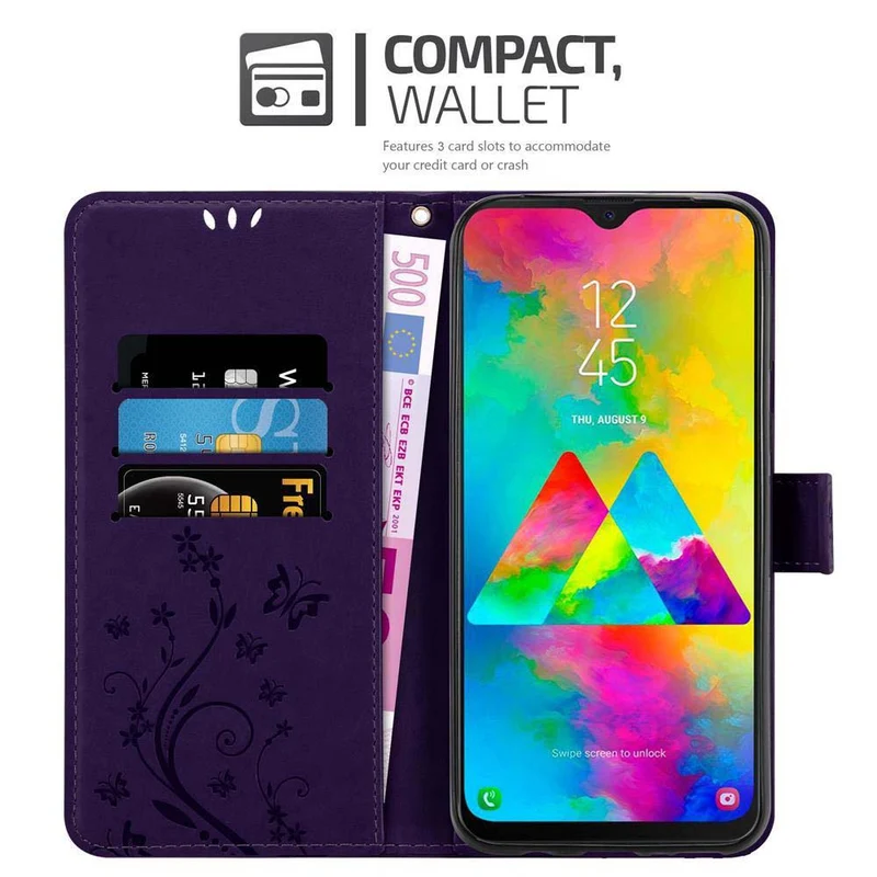 Cadorabo Hülle kompatibel mit Samsung Galaxy M20 Schutzhülle im Blumen Design mit Magnetverschluss, Standfunktion und Kartenfächern