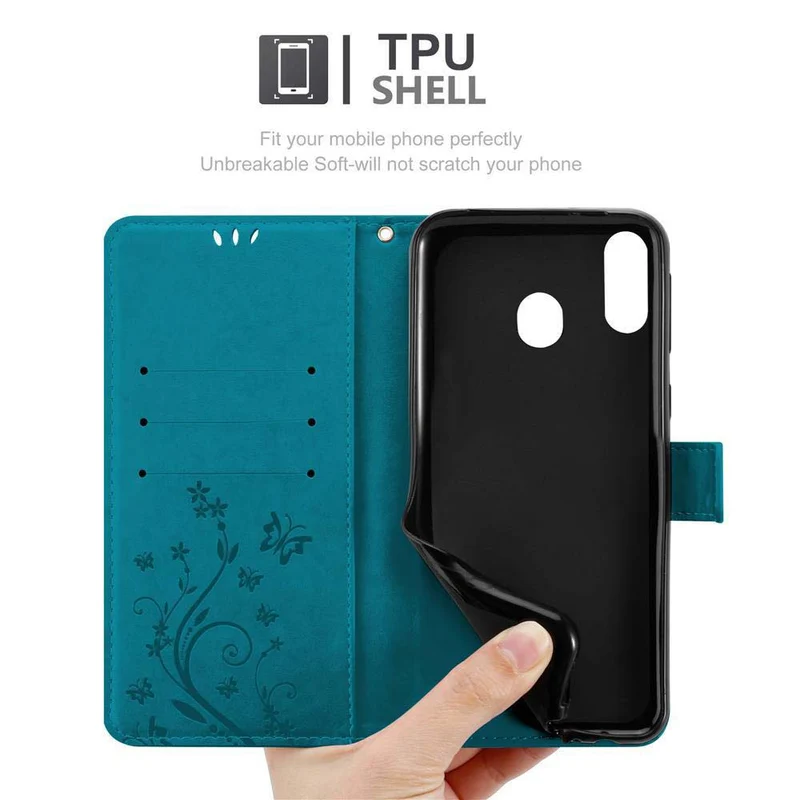 Cadorabo Hülle kompatibel mit Samsung Galaxy M20 Schutzhülle im Blumen Design mit Magnetverschluss, Standfunktion und Kartenfächern