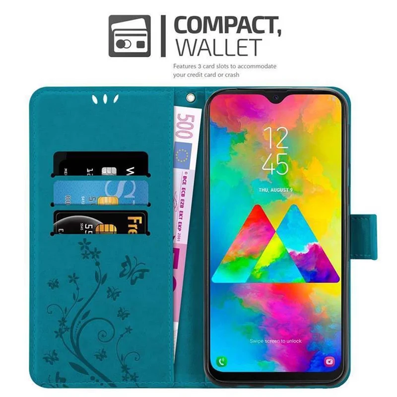 Cadorabo Hülle kompatibel mit Samsung Galaxy M20 Schutzhülle im Blumen Design mit Magnetverschluss, Standfunktion und Kartenfächern