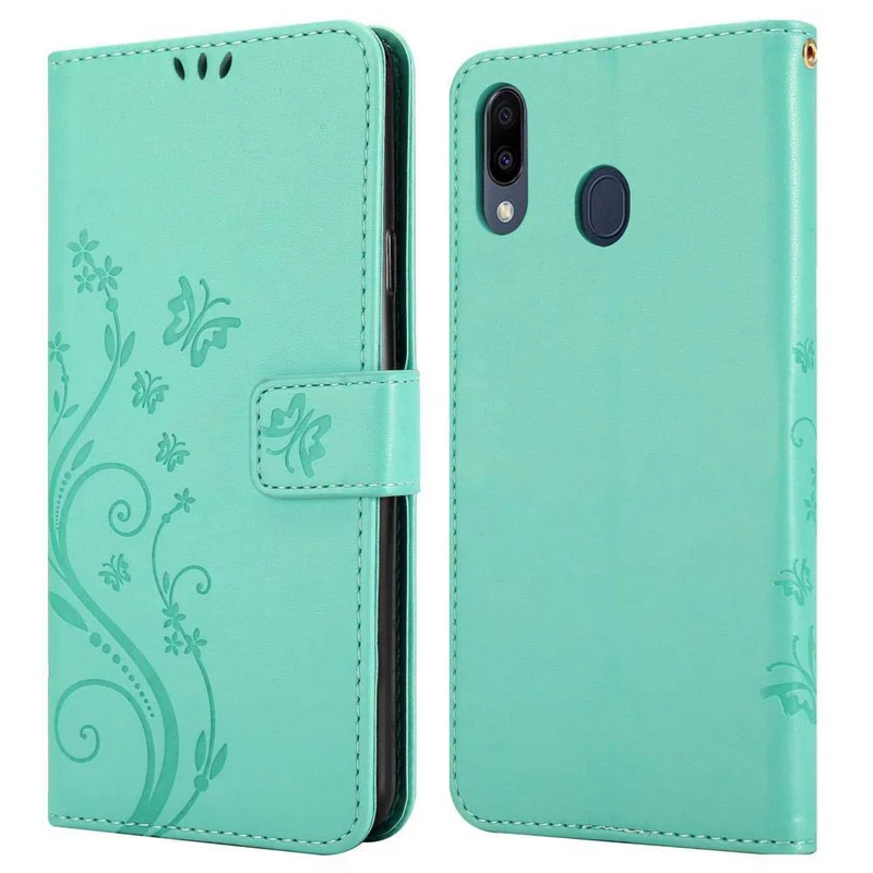 Cadorabo Hülle kompatibel mit Samsung Galaxy M20 Schutzhülle im Blumen Design mit Magnetverschluss, Standfunktion und Kartenfächern