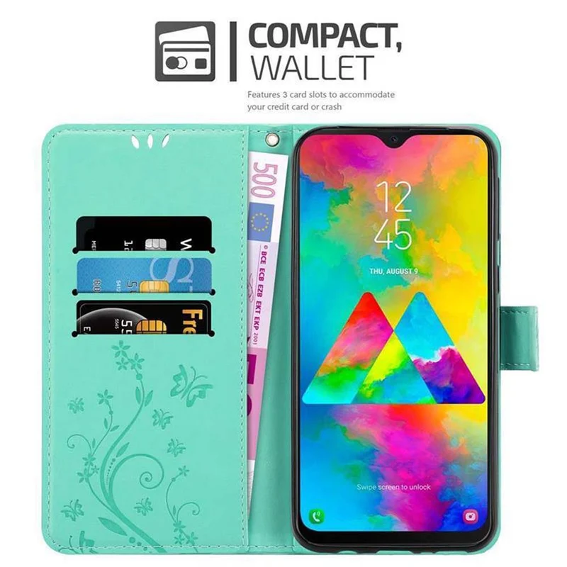 Cadorabo Hülle kompatibel mit Samsung Galaxy M20 Schutzhülle im Blumen Design mit Magnetverschluss, Standfunktion und Kartenfächern
