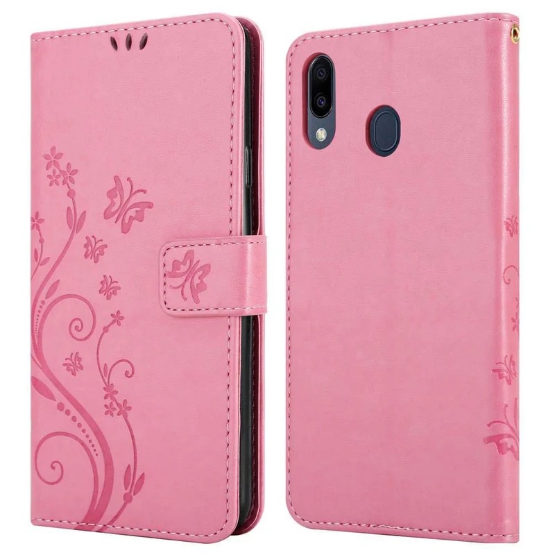 Cadorabo Hülle kompatibel mit Samsung Galaxy M20 Schutzhülle im Blumen Design mit Magnetverschluss, Standfunktion und Kartenfächern
