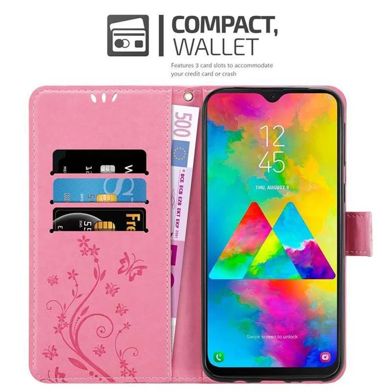 Cadorabo Hülle kompatibel mit Samsung Galaxy M20 Schutzhülle im Blumen Design mit Magnetverschluss, Standfunktion und Kartenfächern