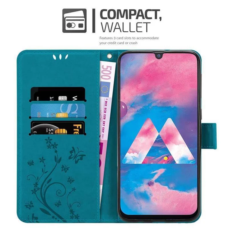 Cadorabo Hülle kompatibel mit Samsung Galaxy M30 / A40s Schutzhülle im Blumen Design mit Magnetverschluss, Standfunktion und Kartenfächern