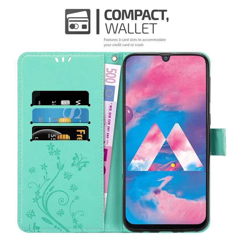 Cadorabo Hülle kompatibel mit Samsung Galaxy M30 / A40s Schutzhülle im Blumen Design mit Magnetverschluss, Standfunktion und Kartenfächern