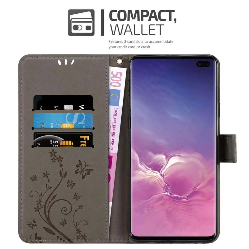 Cadorabo Hülle kompatibel mit Samsung Galaxy S10 PLUS Schutzhülle im Blumen Design mit Magnetverschluss, Standfunktion und Kartenfächern
