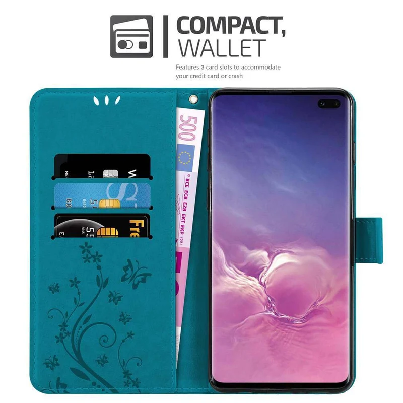 Cadorabo Hülle kompatibel mit Samsung Galaxy S10 PLUS Schutzhülle im Blumen Design mit Magnetverschluss, Standfunktion und Kartenfächern
