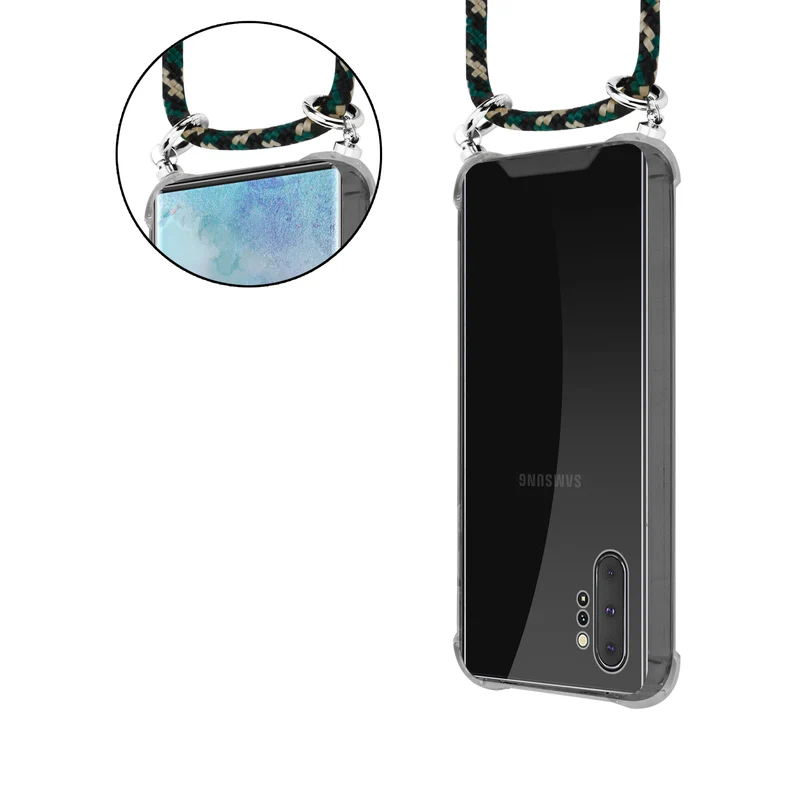 Cadorabo Handy Kette kompatibel mit Samsung Galaxy NOTE 10 PLUS Silikon Schutzhülle mit Silbernen Ringen, Kordel Band und abnehmbarem Etui