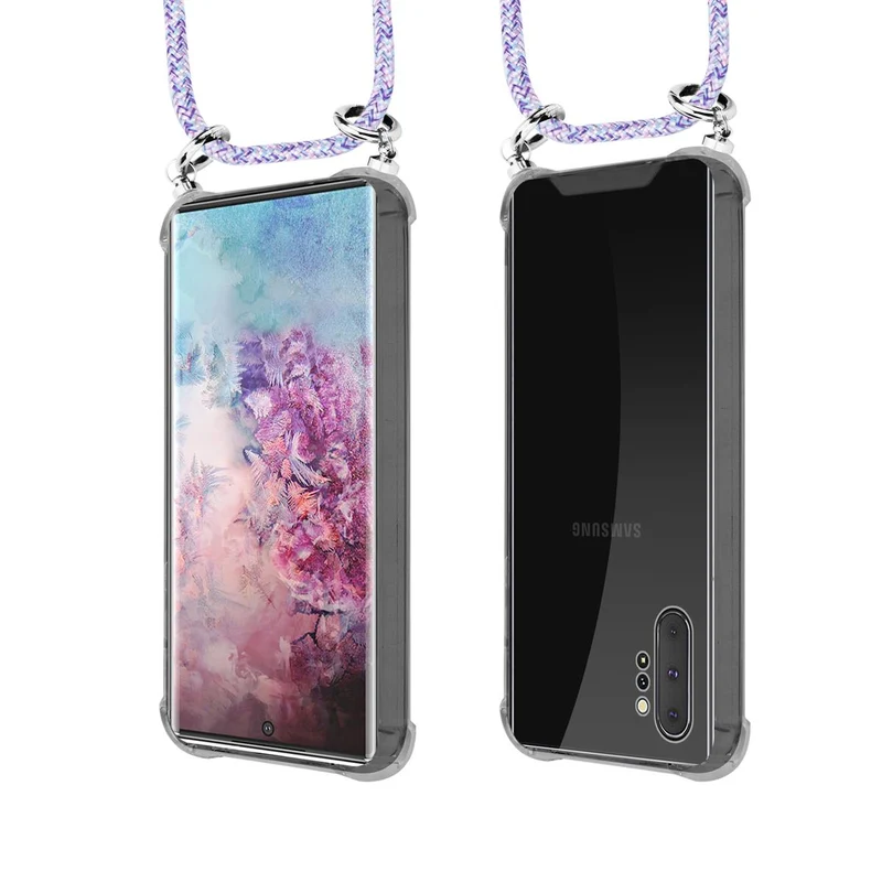 Cadorabo Handy Kette kompatibel mit Samsung Galaxy NOTE 10 PLUS Silikon Schutzhülle mit Silbernen Ringen, Kordel Band und abnehmbarem Etui