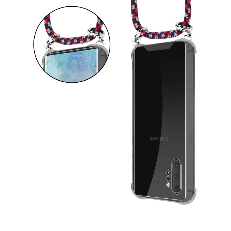 Cadorabo Handy Kette kompatibel mit Samsung Galaxy NOTE 10 PLUS Silikon Schutzhülle mit Silbernen Ringen, Kordel Band und abnehmbarem Etui