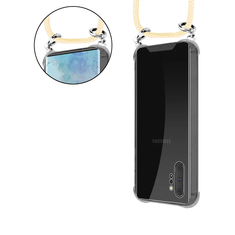 Cadorabo Handy Kette kompatibel mit Samsung Galaxy NOTE 10 PLUS Silikon Schutzhülle mit Silbernen Ringen, Kordel Band und abnehmbarem Etui