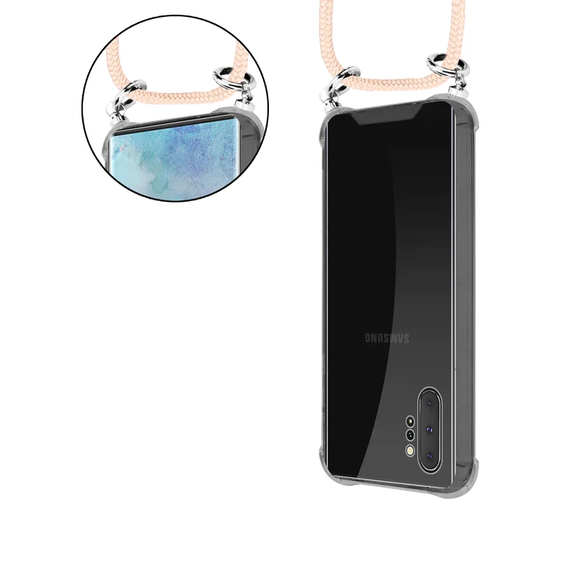 Cadorabo Handy Kette kompatibel mit Samsung Galaxy NOTE 10 PLUS Silikon Schutzhülle mit Silbernen Ringen, Kordel Band und abnehmbarem Etui