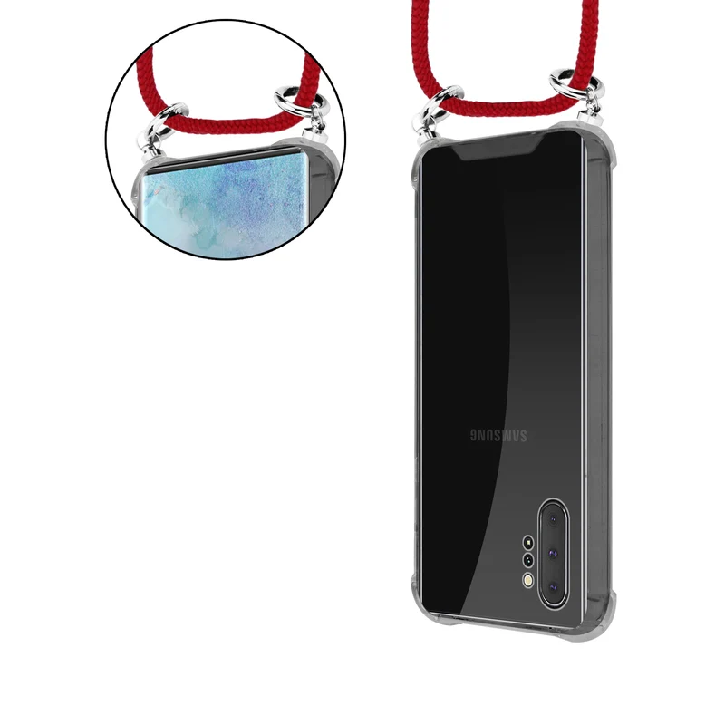 Cadorabo Handy Kette kompatibel mit Samsung Galaxy NOTE 10 PLUS Silikon Schutzhülle mit Silbernen Ringen, Kordel Band und abnehmbarem Etui