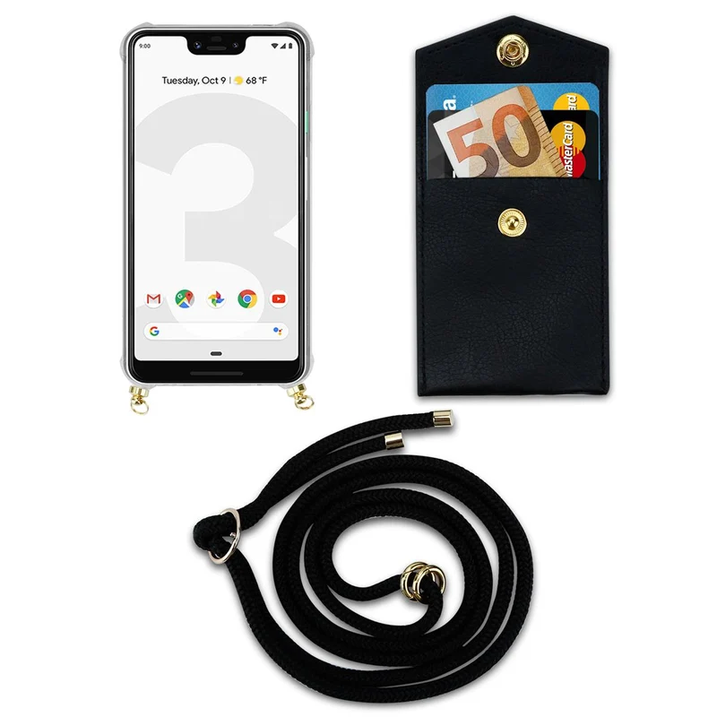 Cadorabo Handy Kette kompatibel mit Google PIXEL 3 XL Silikon Schutzhülle mit Gold Ringen, Kordel Band und abnehmbarem Etui