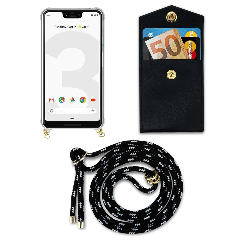 Cadorabo Handy Kette kompatibel mit Google PIXEL 3 XL Silikon Schutzhülle mit Gold Ringen, Kordel Band und abnehmbarem Etui