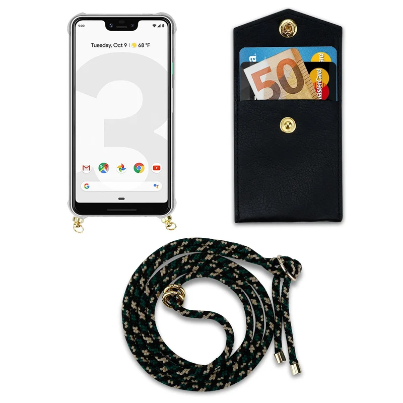 Cadorabo Handy Kette kompatibel mit Google PIXEL 3 XL Silikon Schutzhülle mit Gold Ringen, Kordel Band und abnehmbarem Etui