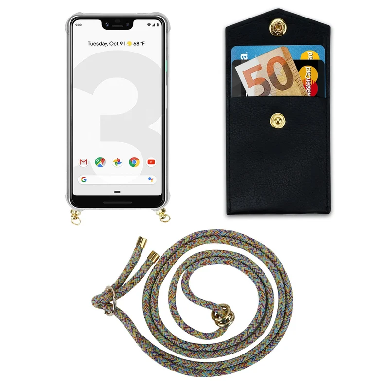 Cadorabo Handy Kette kompatibel mit Google PIXEL 3 XL Silikon Schutzhülle mit Gold Ringen, Kordel Band und abnehmbarem Etui