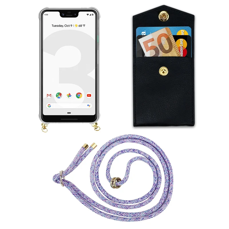 Cadorabo Handy Kette kompatibel mit Google PIXEL 3 XL Silikon Schutzhülle mit Gold Ringen, Kordel Band und abnehmbarem Etui